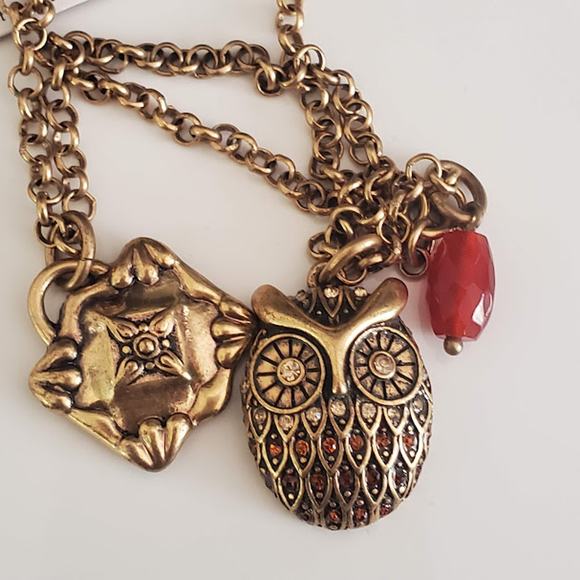 Lucky Brand Owl Charm Necklace Layered Gold Tone Semi‎ Precious Accents NWT - Picture 1 of 9